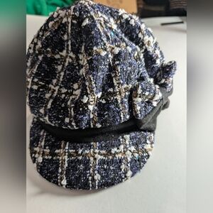 Plaid BlueTweed Cap with Bow Accent